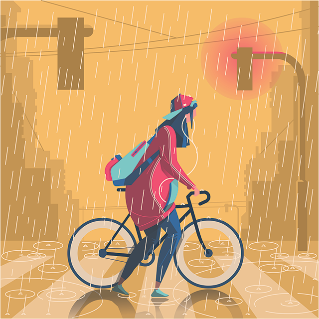 A graphic of a lady riding a bicycle in the rain for the Grade 5 Social Sciences Weather, Climate and Vegetation topic.