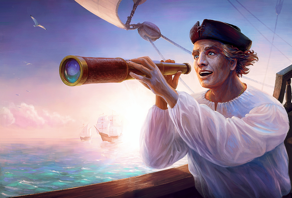 A painting of a sailor with a telescope for the Grade 6 Social Sciences Explorers from Europe topic.