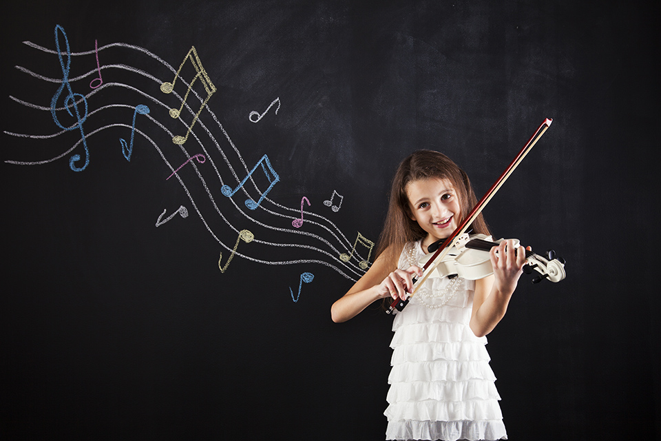 A photo of a girl playing the violin with music notation on a blackboard for the Grade 4 Social Sciences Communication Through Time topic. 
