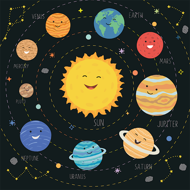 A cartoon of the Solar System for the Grade 4 Natural Sciences Planet Earth and Beyond topic.