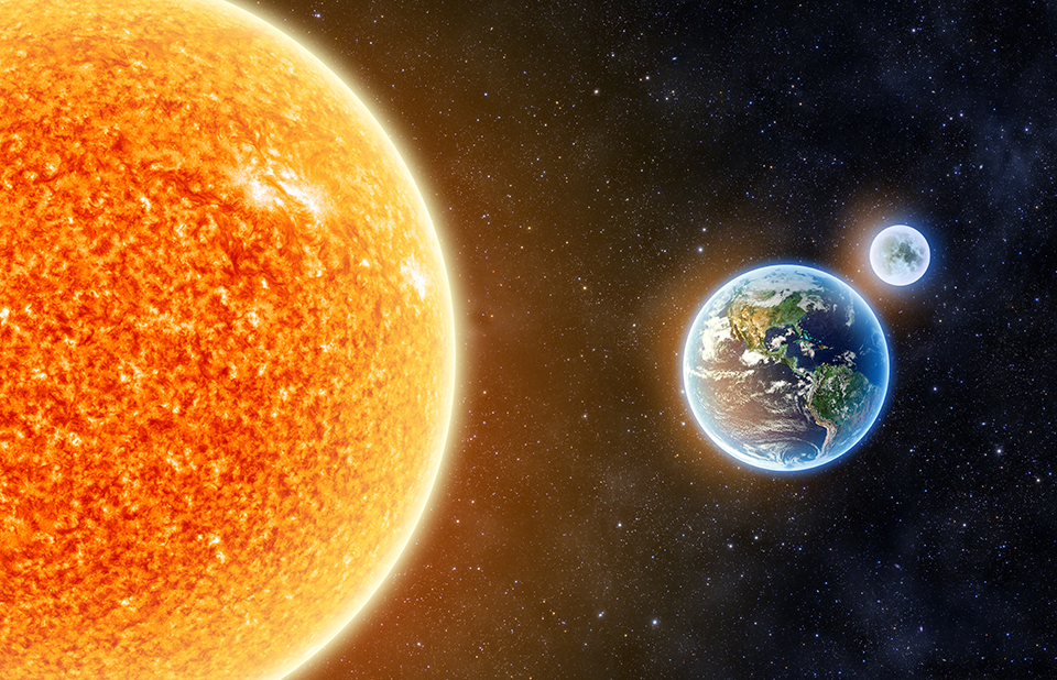 A picture of Earth next to the Sun for the Grade 7 Natural Sciences Planet Earth and Beyond topic.